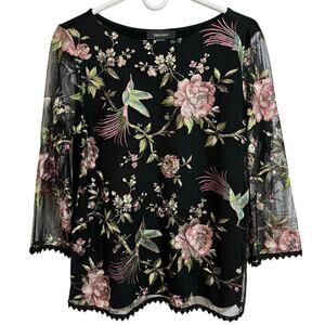 Karen Kane Embroidered Floral Mesh Top Sheer Sleeve Boho Romantic Size S
